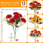 12 Pcs Artificial Mums Flowers for Outdoor, UV Resistant Fake fall Chrysanthemums Marigold Plant, Autumn Floral Arrangements for Outside, Garden, Yard (12, Orange, Burnt Orange, Red, Burgundy)