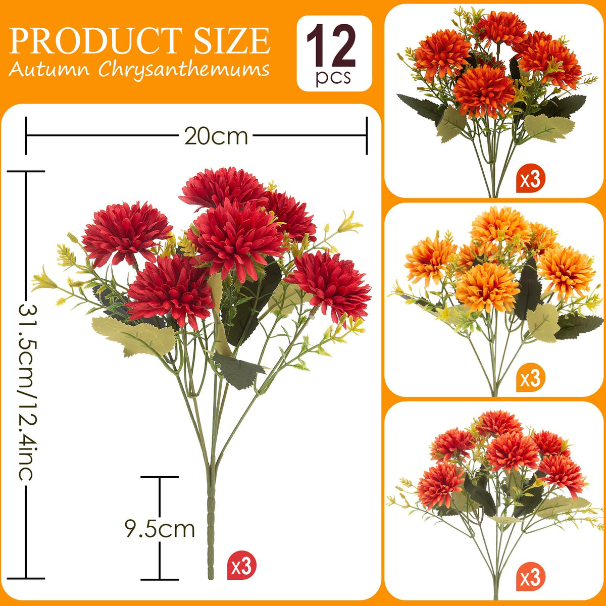 12 Pcs Artificial Mums Flowers for Outdoor, UV Resistant Fake fall Chrysanthemums Marigold Plant, Autumn Floral Arrangements for Outside, Garden, Yard (12, Orange, Burnt Orange, Red, Burgundy)