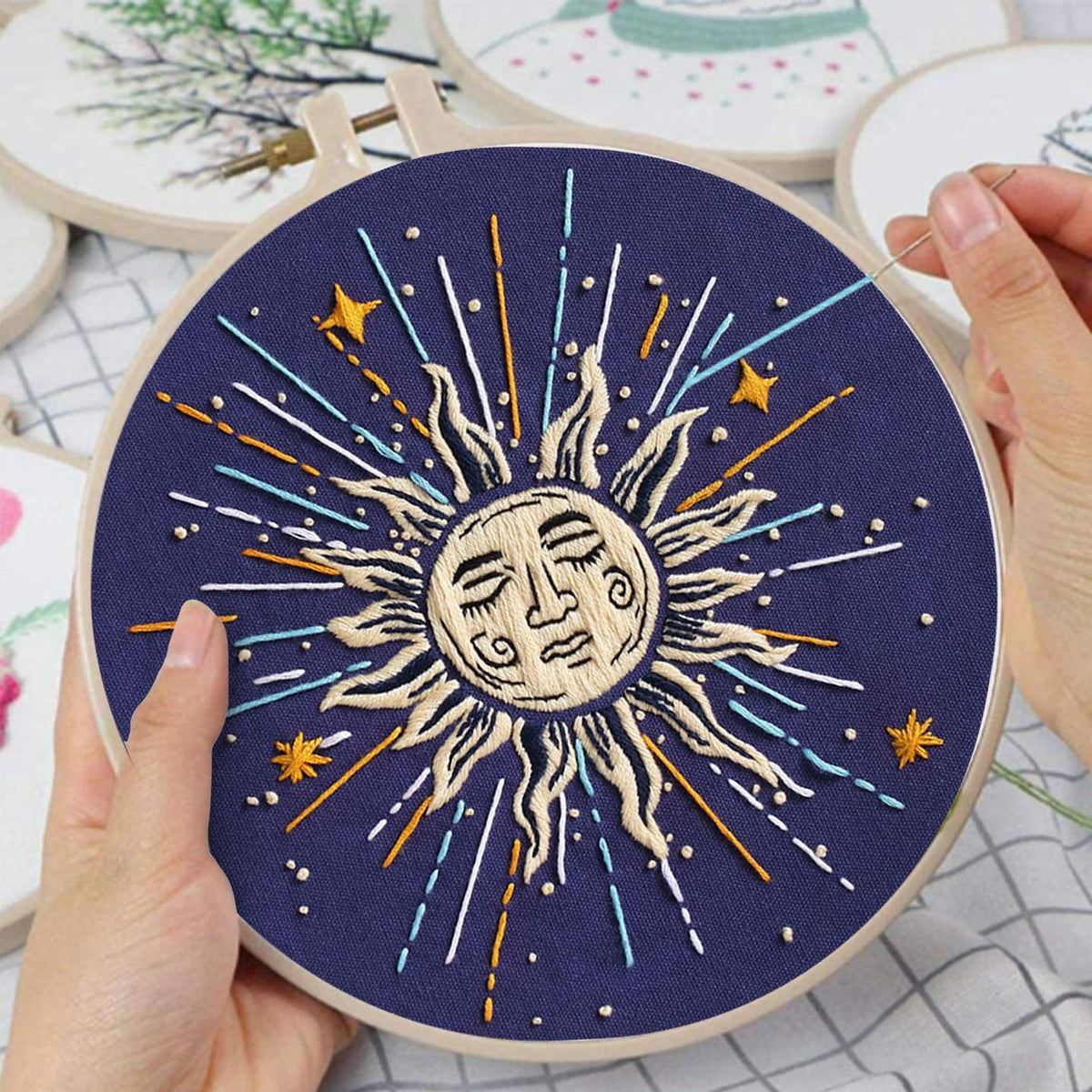 Louise Maelys 3 Set Tarot Embroidery Kits for Beginners,Cross Stitch Kit for Adults,Starters DIY Needlepoint Including Embroidery Cloth with Sun Moon Star Evil Eye Pattern and Instructions