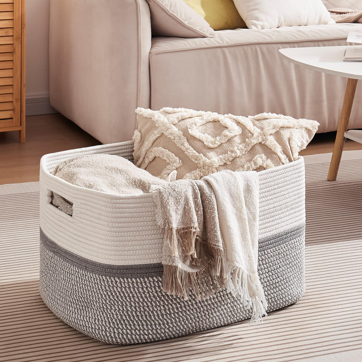 OIAHOMY Extr Large Toy Storage Basket, Rectangle Cotton Rope Storage Basket, Blanket Basket Living Room, Woven Baskets for Organizing, 25 x 17x 12 Inches-Grey/White