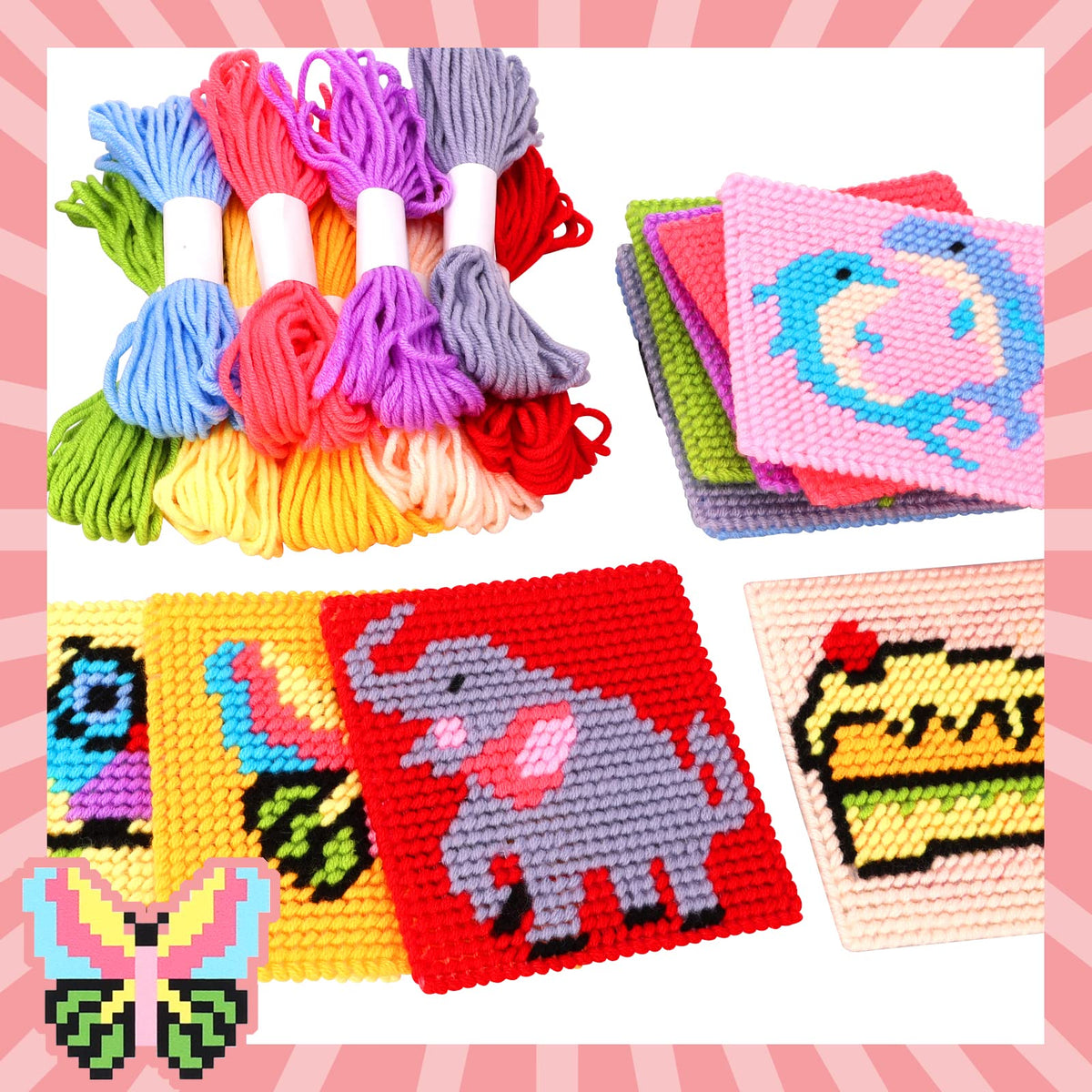 Pllieay Kids 10-in-1 Cross Stitch Beginner Kit for Kids, includes Instruction of 10 Different Patterns, 10 Blank Plastic Canvas for Needlework, and 14 Colored Threads, Needlepoint Starter Sewing Set