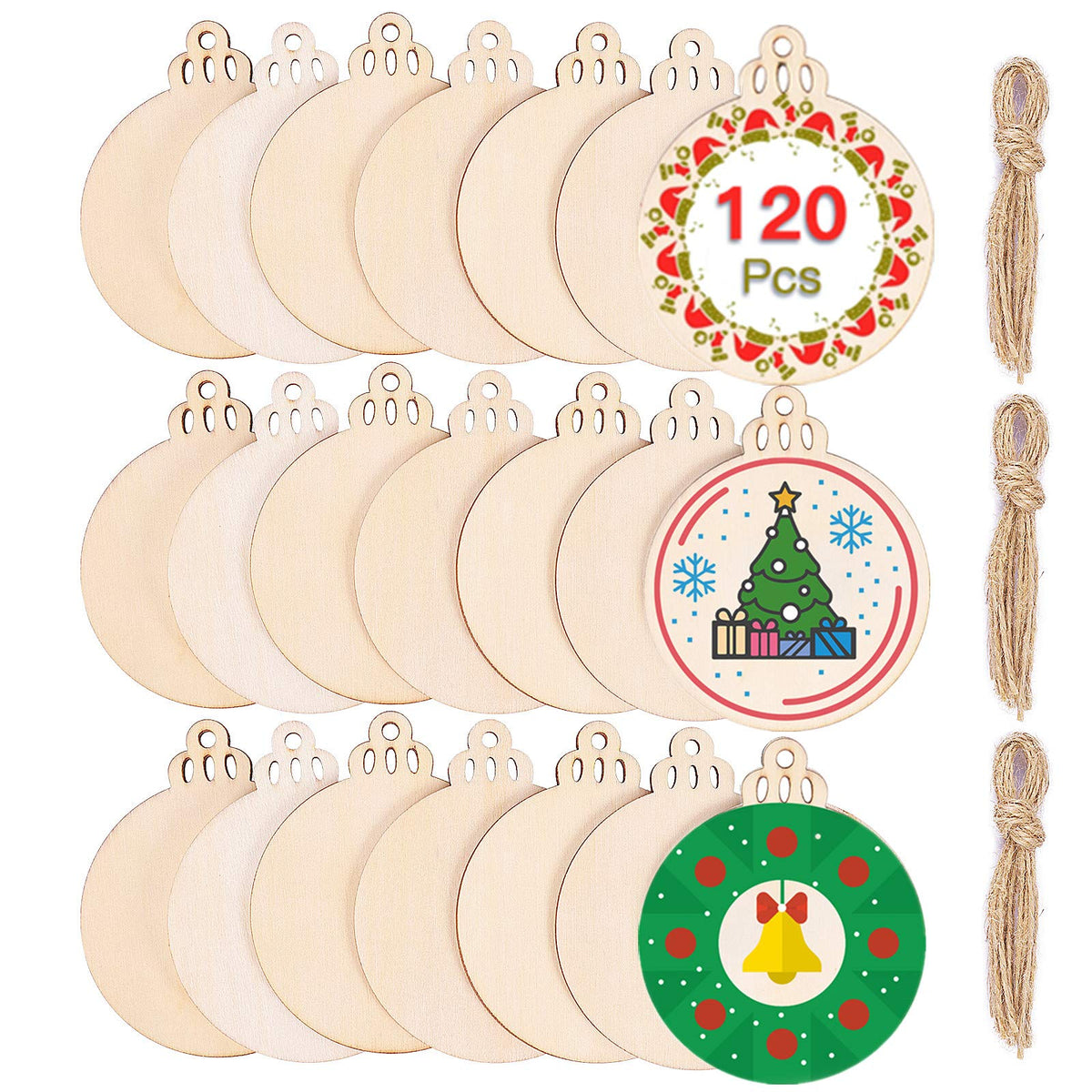 120Pcs Wood Slices 3.5" Wooden DIY Christmas Ornaments Unfinished Predrilled Wood Circles for Crafts Centerpieces Round Wooden Discs Hanging Decorations