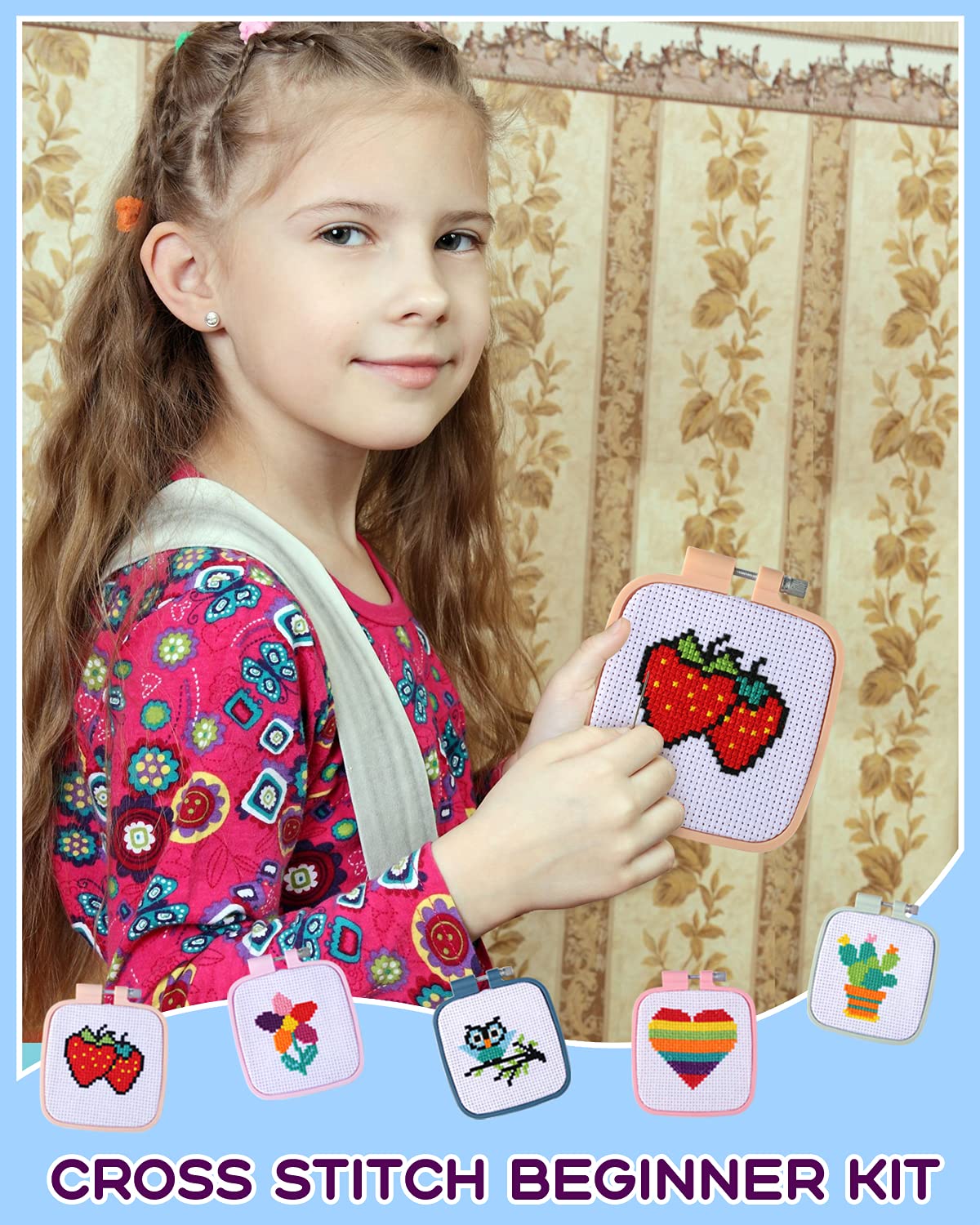 5PCS Cross Stitch Kits for Beginners for Kids 7-13, Includes 5 Project Patterned and 5pcs Square Embroidery Hoops, 11 Skeins, Needle Point Starter Kit Sewing Set with Instructions
