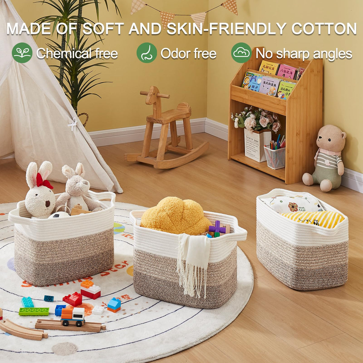 OIASKET Storage Baskets for Organizing, Woven Baskets for Shelves, Rectangle Decorative Organizer for Storage Clothes, Toy, Books, Towels Nursery Bins 3 Pack (Gradient Yellow)