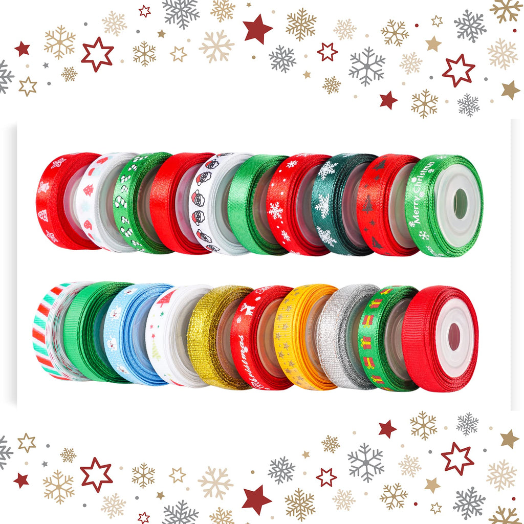 LIUYAXI 100 Yards 20 Rolls Christmas Ribbons Printed Grosgrain Ribbon Metallic Glitter Holiday Festival Double Faced Satin Ribbons 10 mm Wide for Gift Wrapping Crafts Xmas Decorations