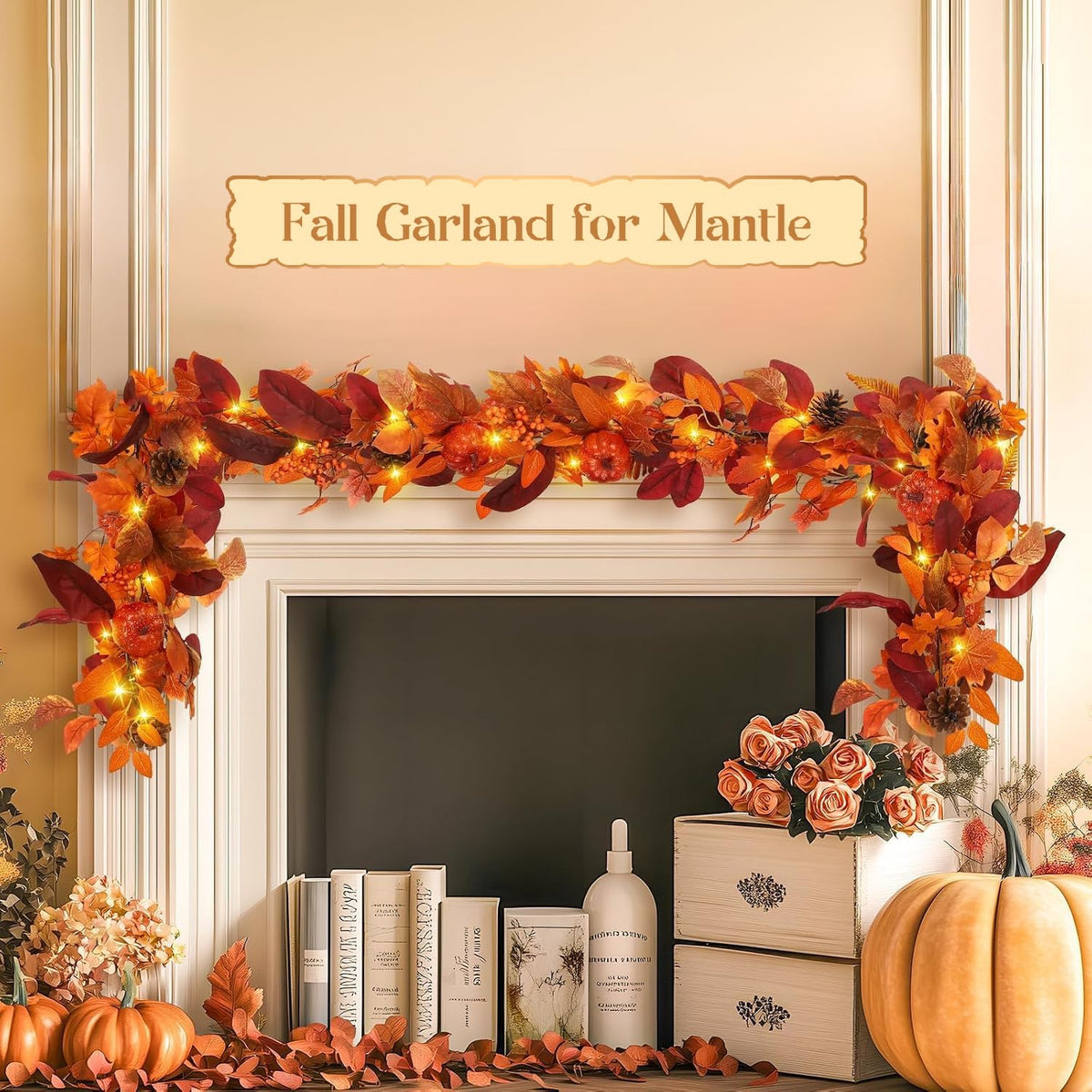 SHareconn 9ft Fall Garland with Lights and Timer for Mantle