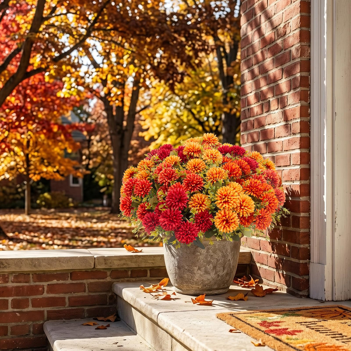 12 Pcs Artificial Mums Flowers for Outdoor, UV Resistant Fake fall Chrysanthemums Marigold Plant, Autumn Floral Arrangements for Outside, Garden, Yard (12, Orange, Burnt Orange, Red, Burgundy)