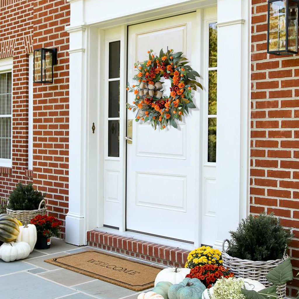 24 Inch Harvest Fall Wreaths for Front Door Outside with Bow & Red Berries