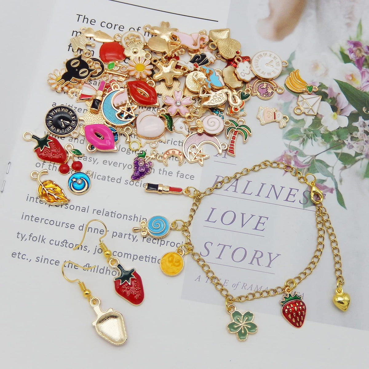 60pcs(30PAIRS) Assorted Gold Plated Enamel Moon Star Animals Dainty Dangle Fruit Flowers Pendants Charms for Earrings Jewelry Making Necklace Bracelet