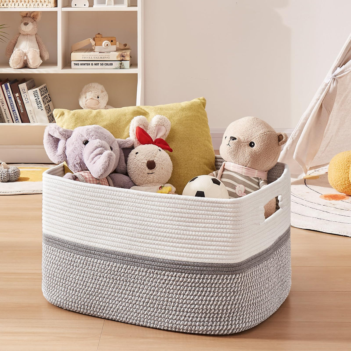 OIAHOMY Extr Large Toy Storage Basket, Rectangle Cotton Rope Storage Basket, Blanket Basket Living Room, Woven Baskets for Organizing, 25 x 17x 12 Inches-Grey/White