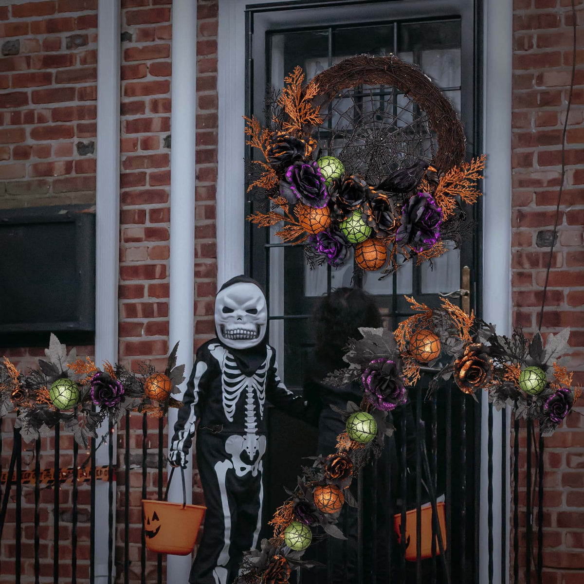 Valery Madelyn Halloween Garland with Lights, 6 Feet Pre-Lit Orange Purple Roses Black Maple Leaves Green Ball Ornaments Garland Decorations for Indoor Table Centerpiece Mantle Party Holiday Decor