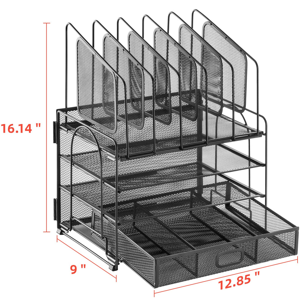 Marbrasse Desk Organizer with Drawer, 4-Tier Mesh Desk File Organizer with 5 Vertical File Holders and 2 Pen Holders, Multifunction Desktop Organizer