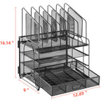 Marbrasse Desk Organizer with Drawer, 4-Tier Mesh Desk File Organizer with 5 Vertical File Holders and 2 Pen Holders, Multifunction Desktop Organizer