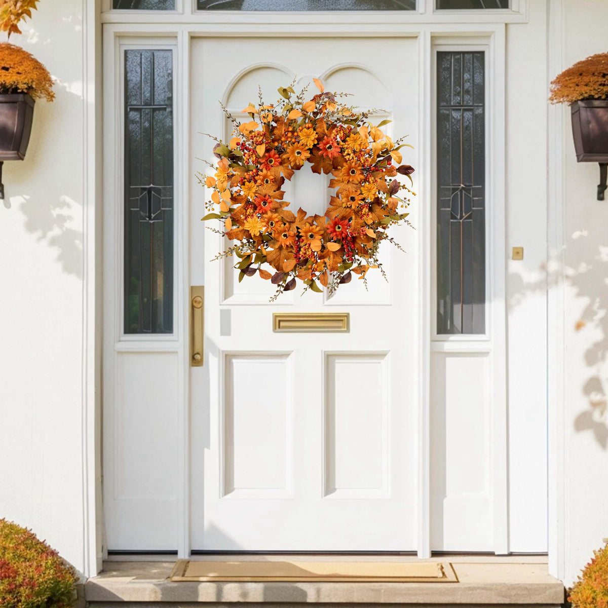 MAINGKAUNG Artificial Fall Wreath 22 Inch Fall Wreaths for Front Door with Orange Berries Daisies Eucalyptus Leaves Autumn Door Wreaths for Thanksgiving Harvest Festival Wall Porch Farmhouse