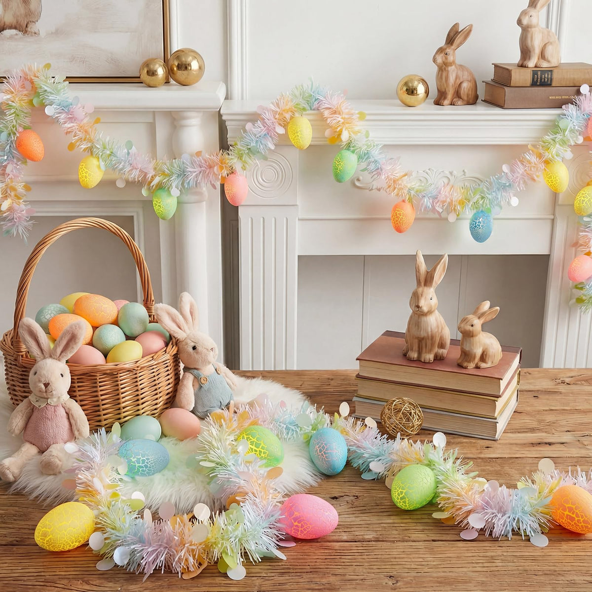 8.5Ft Easter Garland with Lights, Plug in Easter Egg String Lights & Pastel Tinsel Set (White Wire), Connectable Waterproof Indoor Outdoor Decor for Home Mantle Bedroom Party