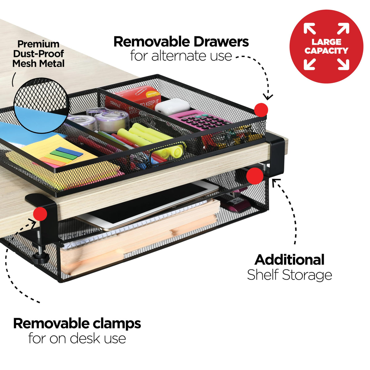 Under Desk Drawer Organizer Clamp-On, Mesh Metal Desk Drawer Attachment, 1 Drawer Slide Out, On Desk Or Under Desk Organizer For Office Supplies & Home Essentials
