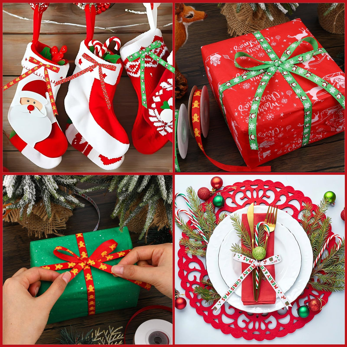 Christmas Ribbon, 6 Rolls 60 Yards Snowflakes Santa Claus Gingerbread Man Dots Ribbon for Christmas Crafts, 10mm Wide Grosgrain Ribbons for Gift Wrapping, Party, Home Decor