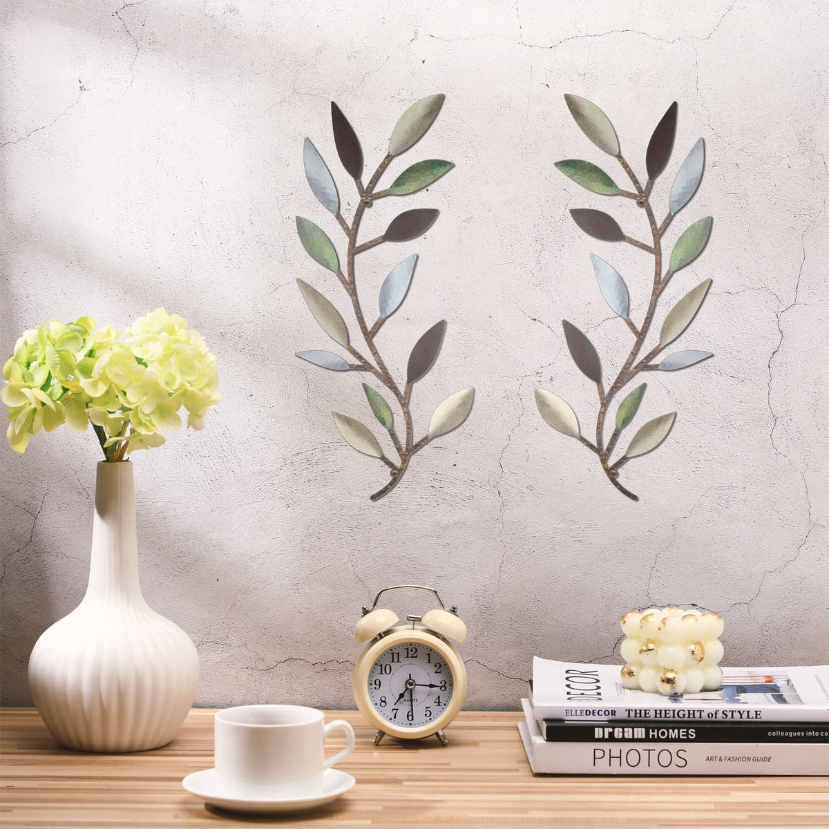 Zhengmy 2 Pieces Metal Tree Leaf Wall Decor Vine Olive Branch Leaf Wall Art Wrought Iron Scroll Above The Bed, Living Room, Outdoor Decoration (Colorful)