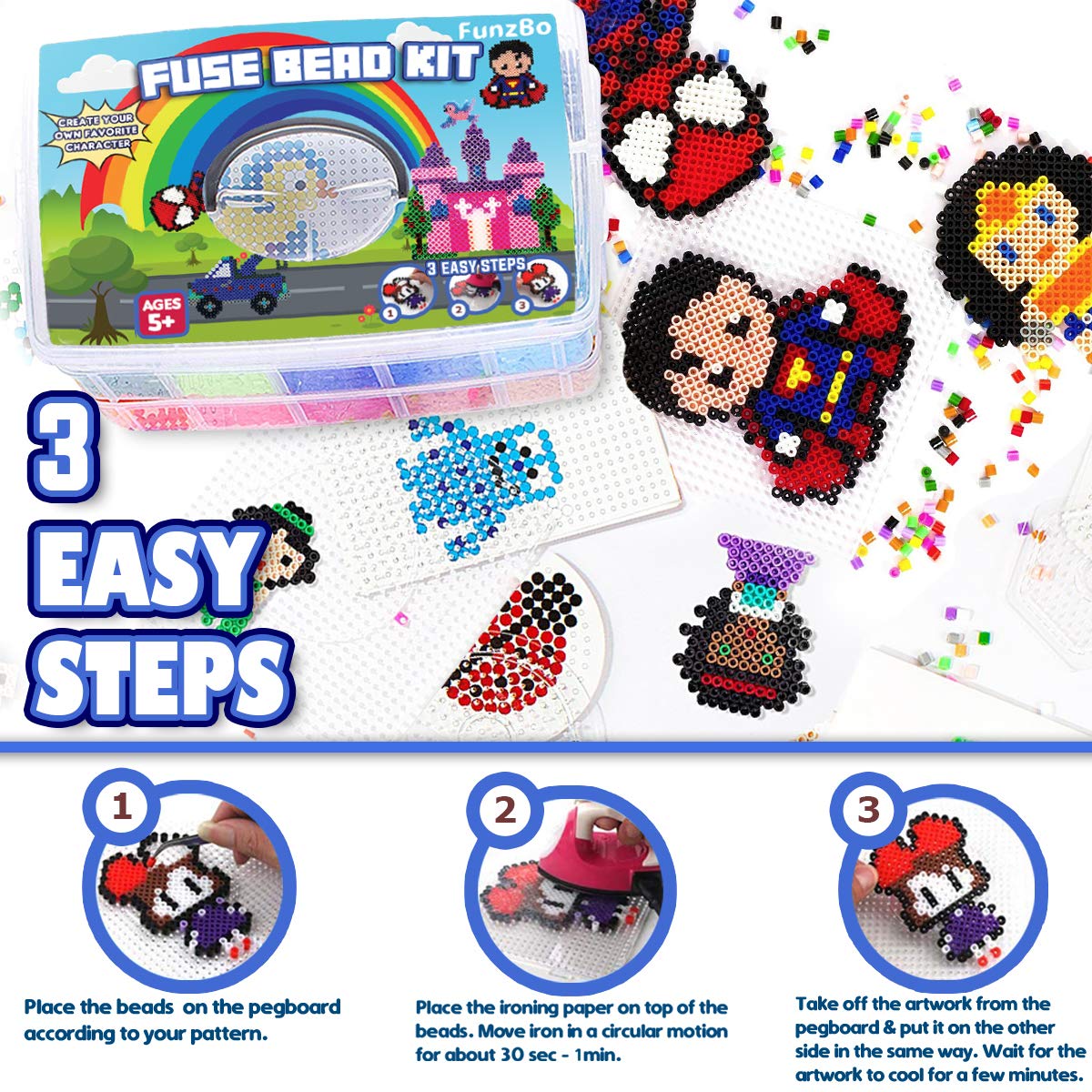 FUNZBO 23000 5mm Fuse Beads Kit - 22 Colors | 106 Patterns, School Arts and Crafts Supplies for Kids, Toys Set, Art Decorations for Room, Birthday Gifts for Girls and Boys Age 5+