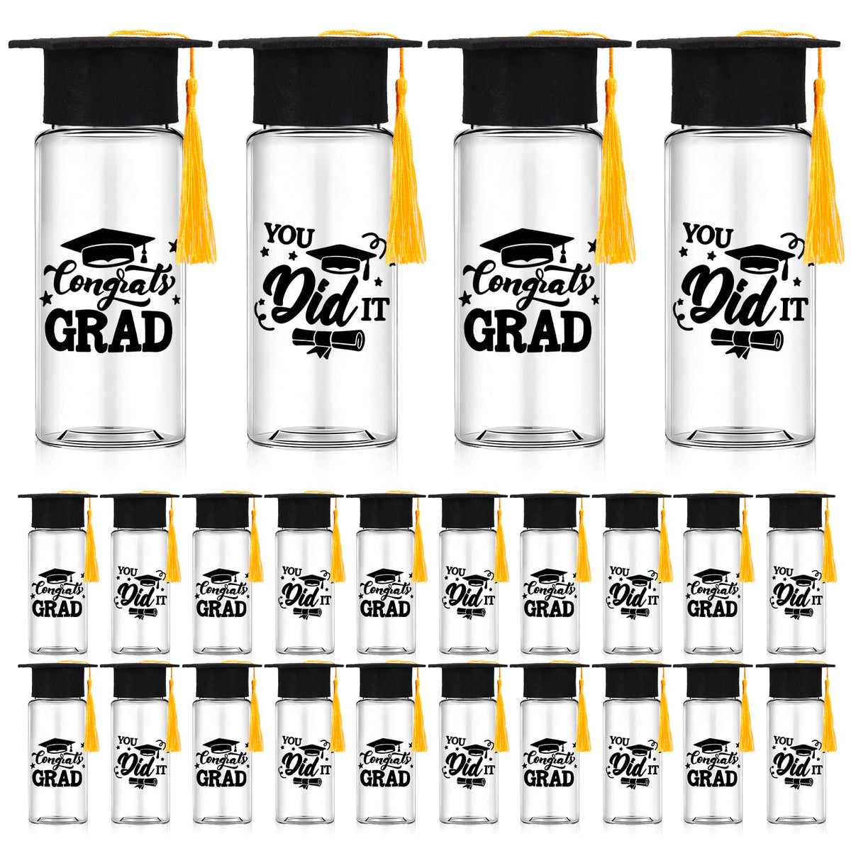 Whaline 20Pcs Graduation Plastic Cups with Lids and Felt Cap Decor Clear Party Drinking Cups Congrats Grad Reusable Tumblers for Graduation Party Supplies