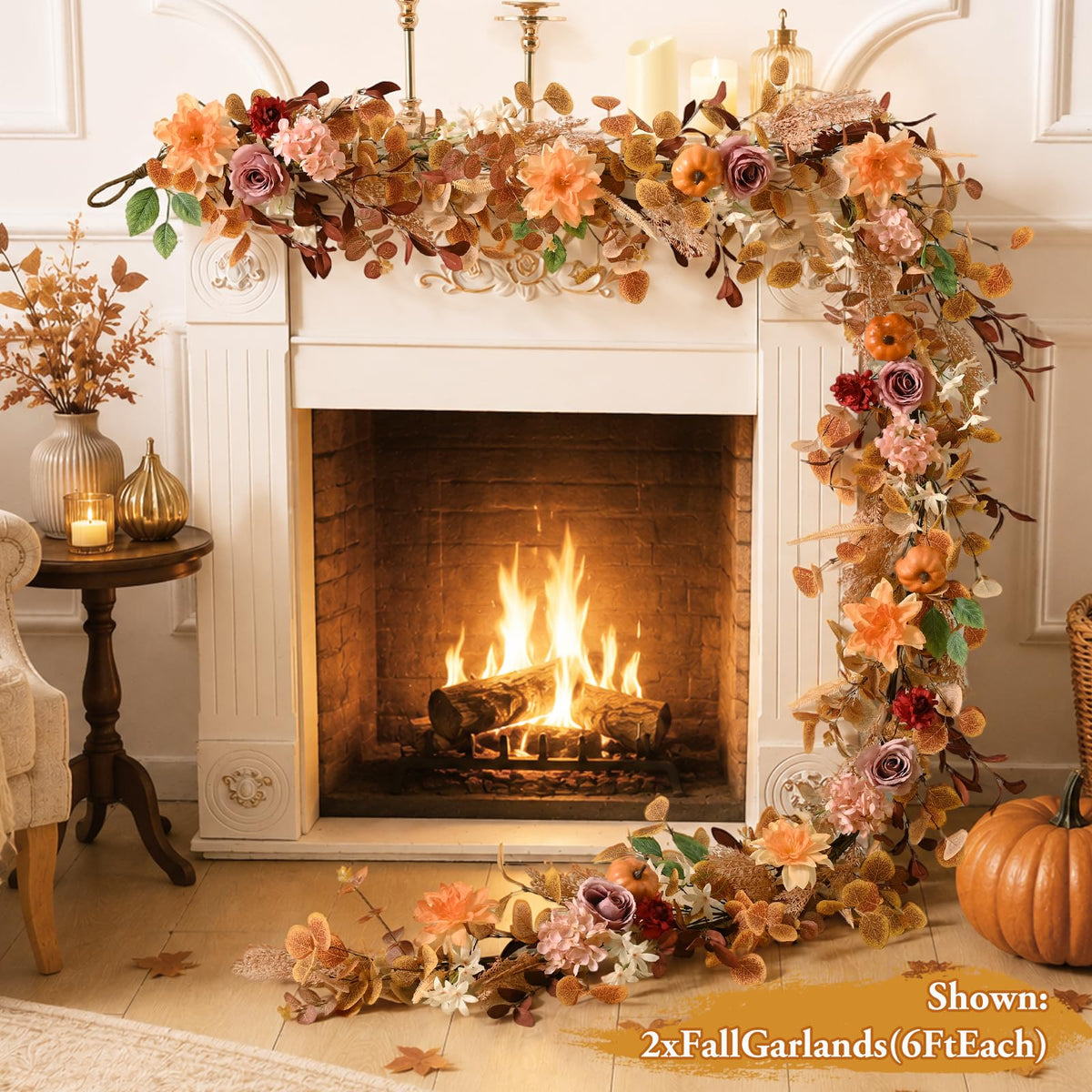 6FT Fall Garland for Mantle, Pumpkin Dahlia Garland Fall Decor