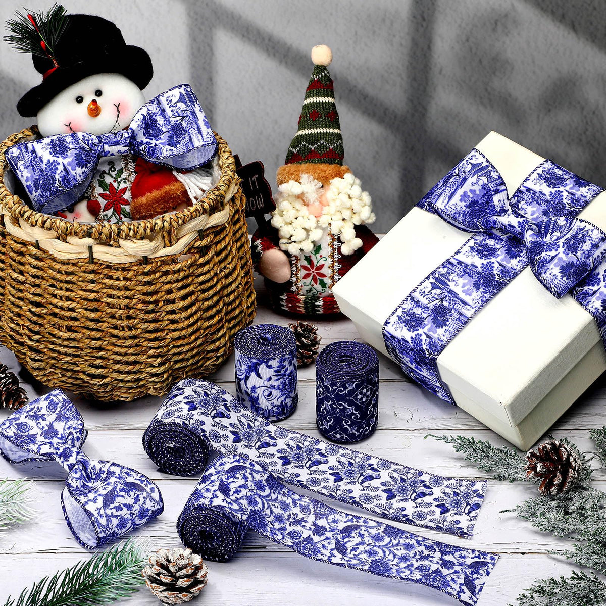 6 Rolls Christmas Chinoiserie Ribbon White and Blue Wired Edge Floral Ribbon Butterfly Flower Pattern Fabric Craft Wreath Bow Wrapping 2.52 Inches by 5 Yards