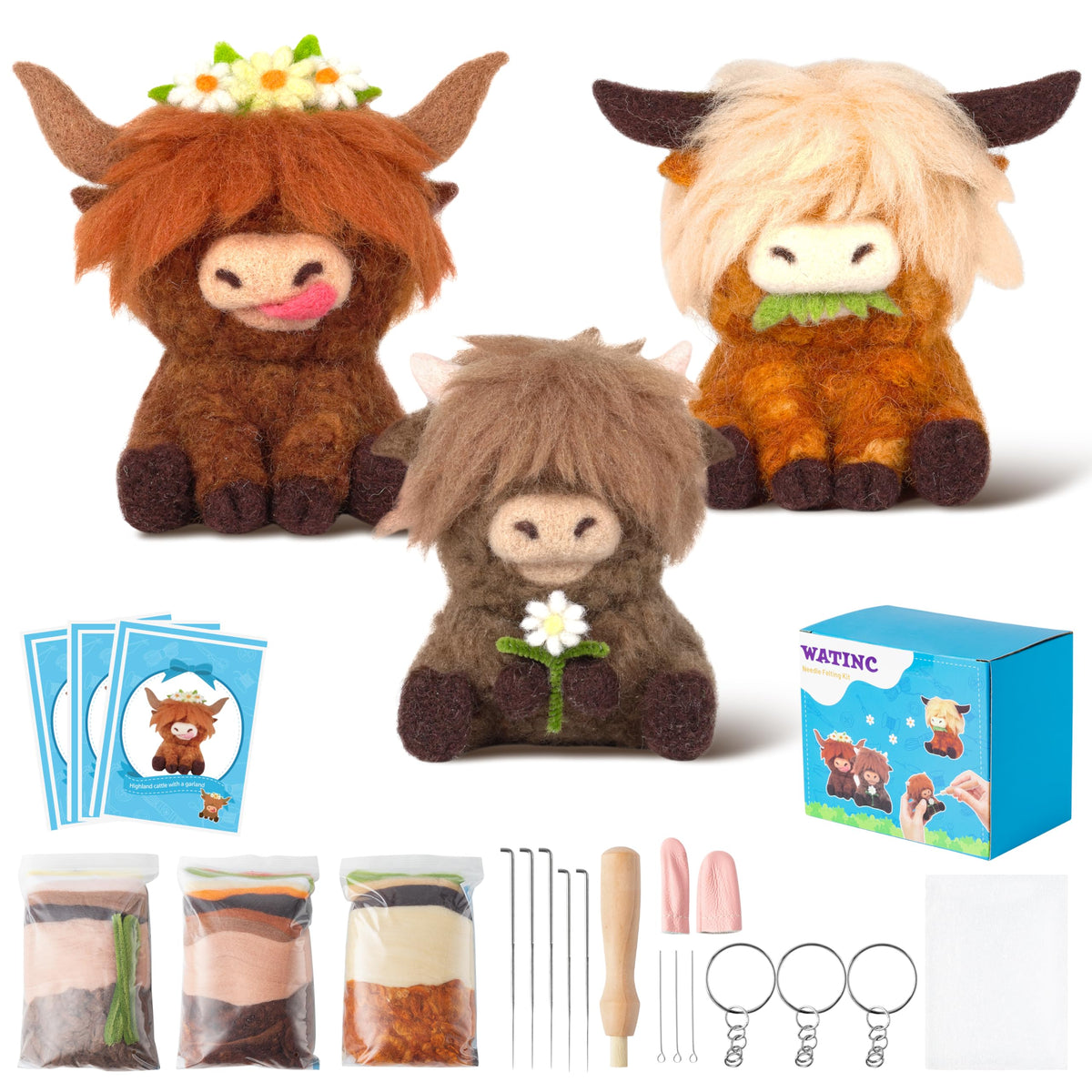 Highland Cow Needle Felting Kit - Set of 3 Different Highland Cow Doll Wool Felt Needle Felting Tools Foam Pad, DIY Home Decoration Needle Felting Craft Party Supplies for Beginners
