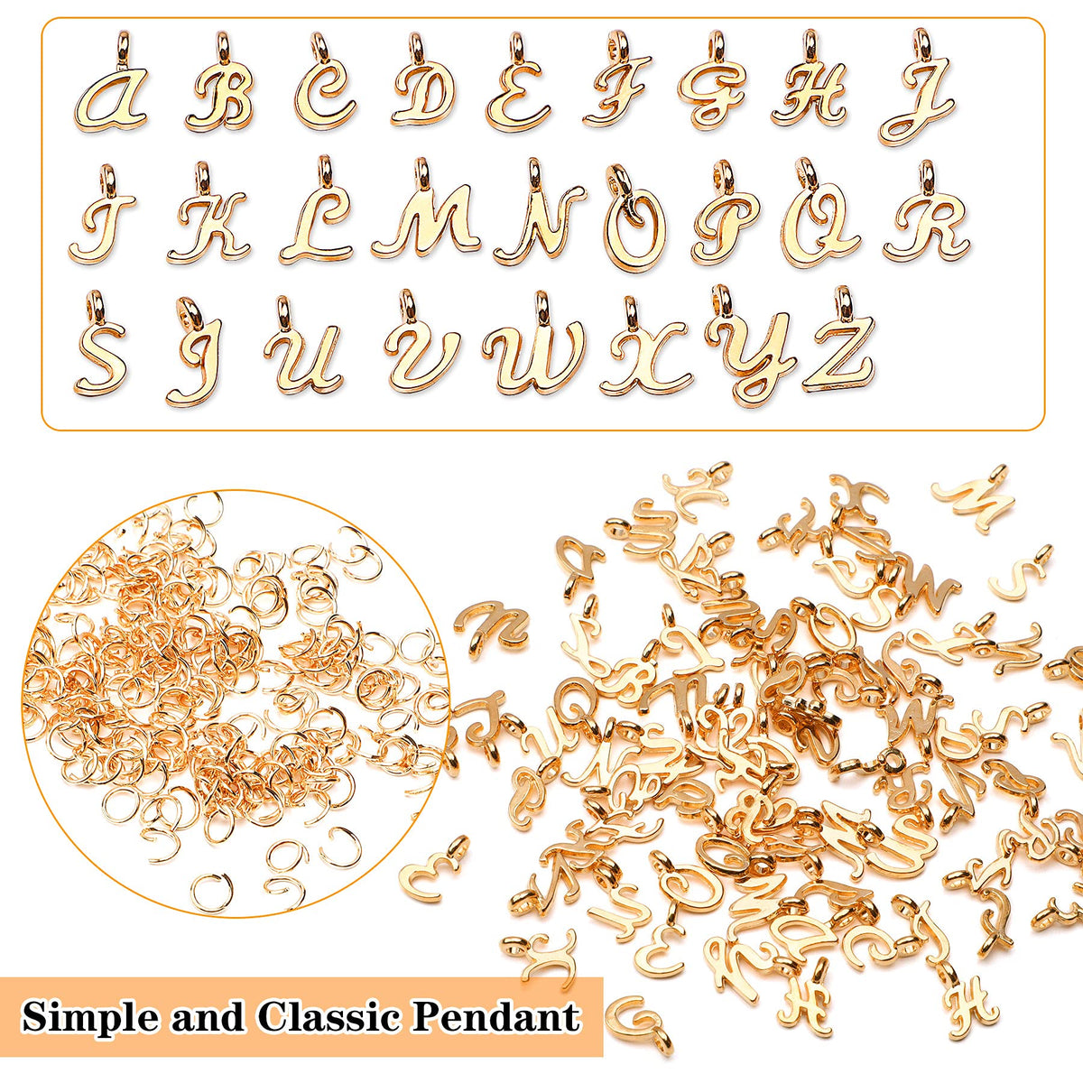 156Pcs/6 Sets Gold Letter Charms with 200Pcs Open Jump Rings for Jewelry Making, Alphabet A-Z Pendants for DIY Bracelet Necklace Craft Projects