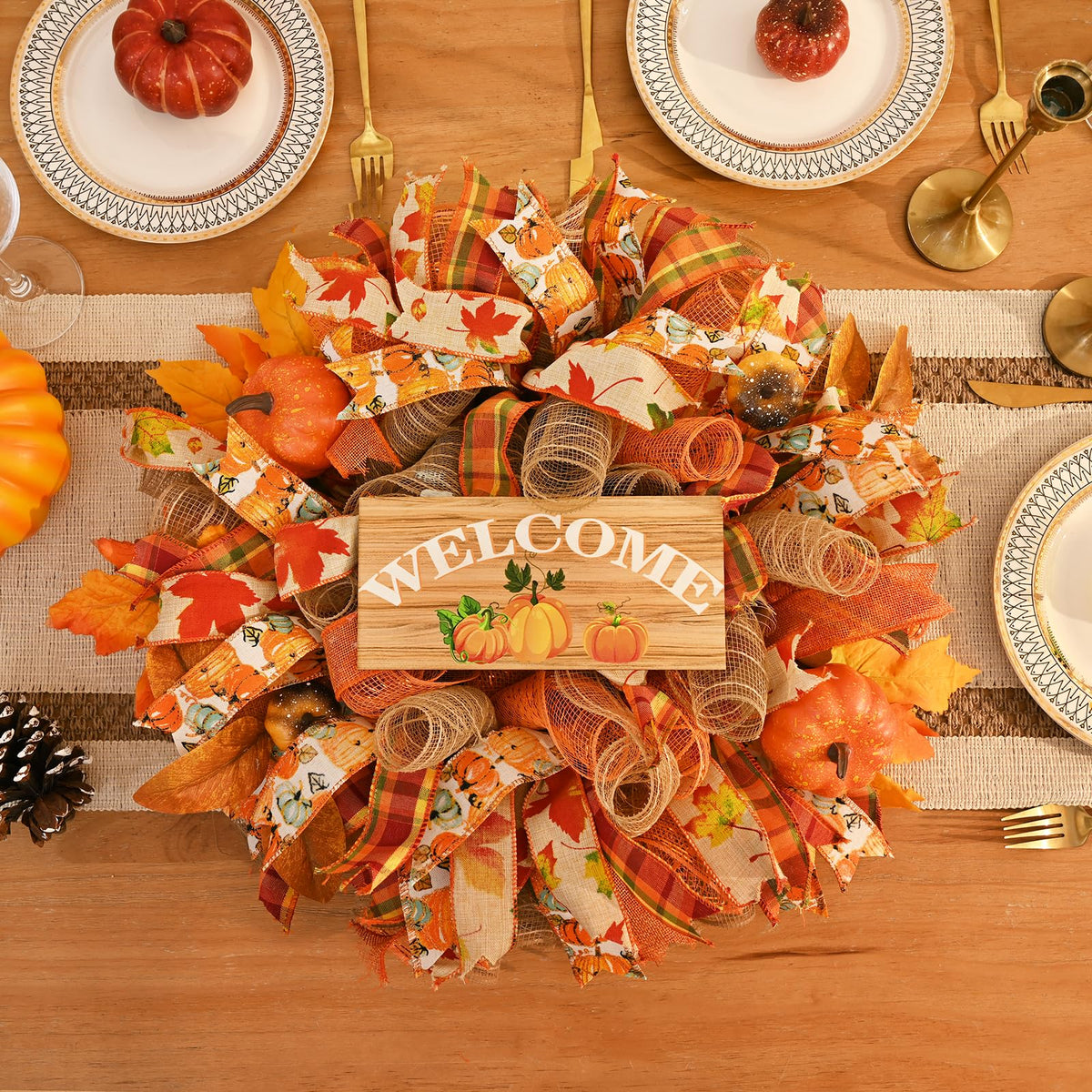 Waipfaru Fall Wreaths for Front Door, Fall Mesh Wreath with Wooden Sign Fishnet Yarn Autumn Pumpkin, Thanksgiving Halloween Decorations for Home, Porch Decor(18-20 Inch)