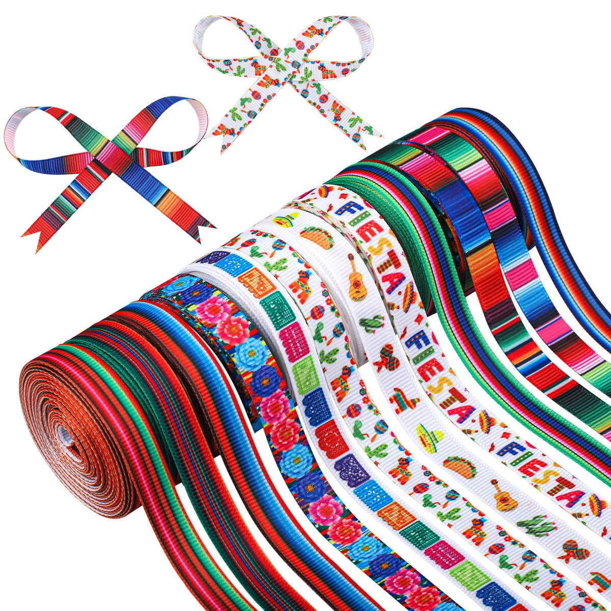 12 Rolls Fiesta Ribbon 3/8 Inch Mexican Serape Grosgrain Ribbons Colorful Stripes Pinata Cactus Guitar Decorative Ribbon for Cinco De Mayo Fiesta Party Mexican Theme Party Events, 60 Yards