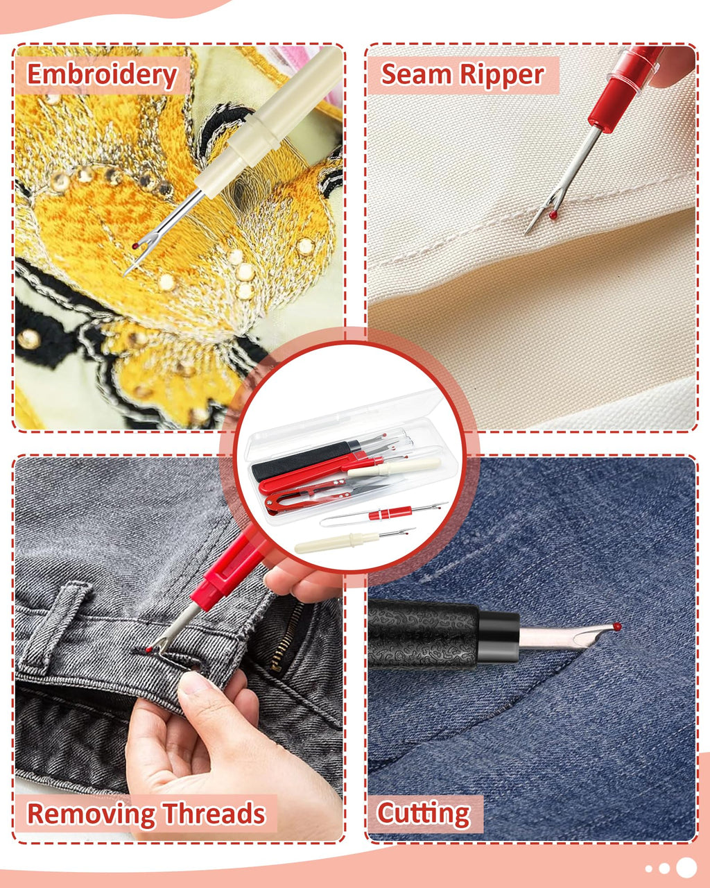 FIVEIZERO Seam Rippers for Sewing – 2 Big and 2 Small Stitch Remover Tools, Thread Ripper, Embroidery Removal Tool with Thread Snips