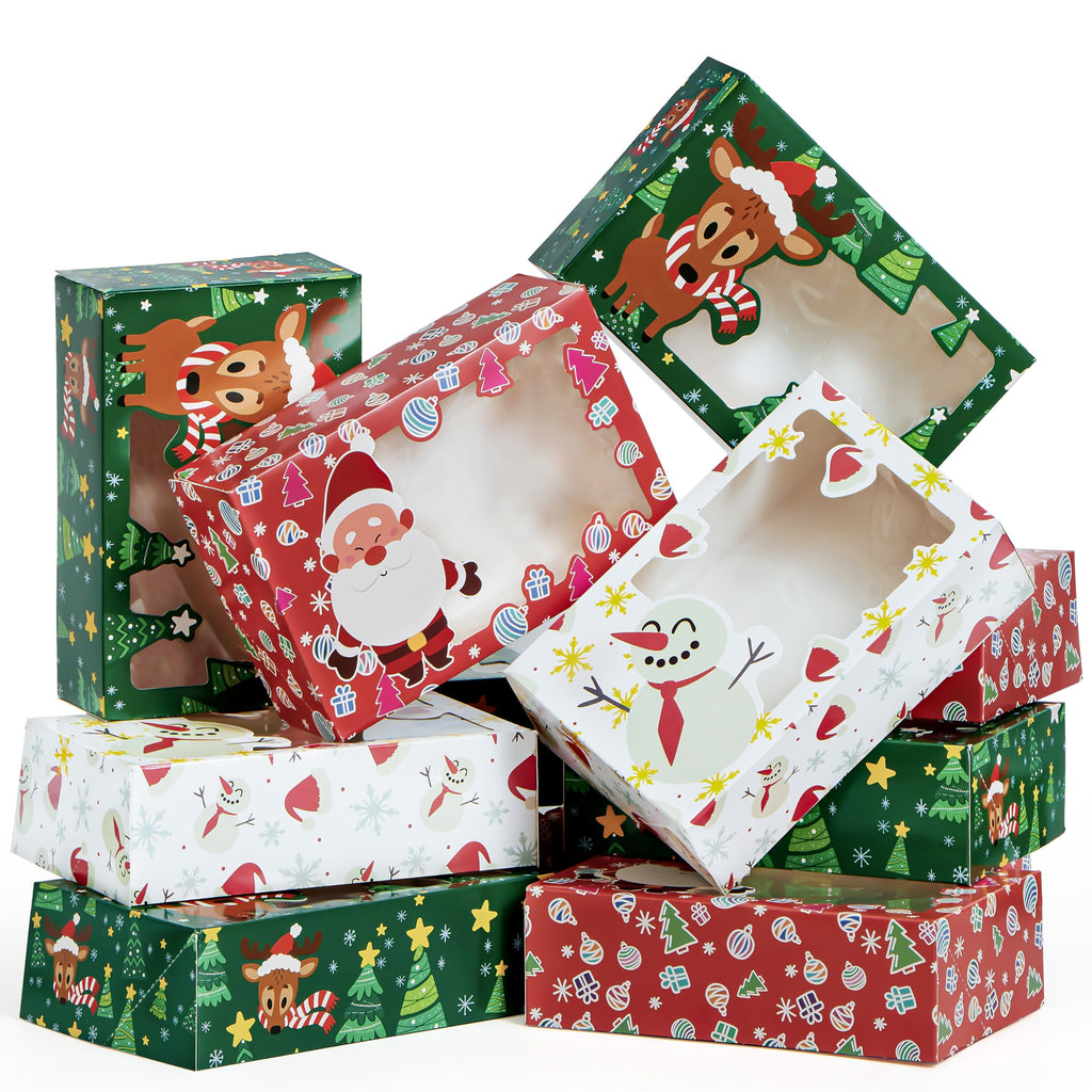 24 PCS Christmas Foil Treats Cookie Gift Boxes (8.75" x 5.75" x 2.75") Colorful Pattern Bakery Box with Window for Xmas Holiday Birthday Party Pastries, Cupcakes, Brownies, Donuts Gift-Giving