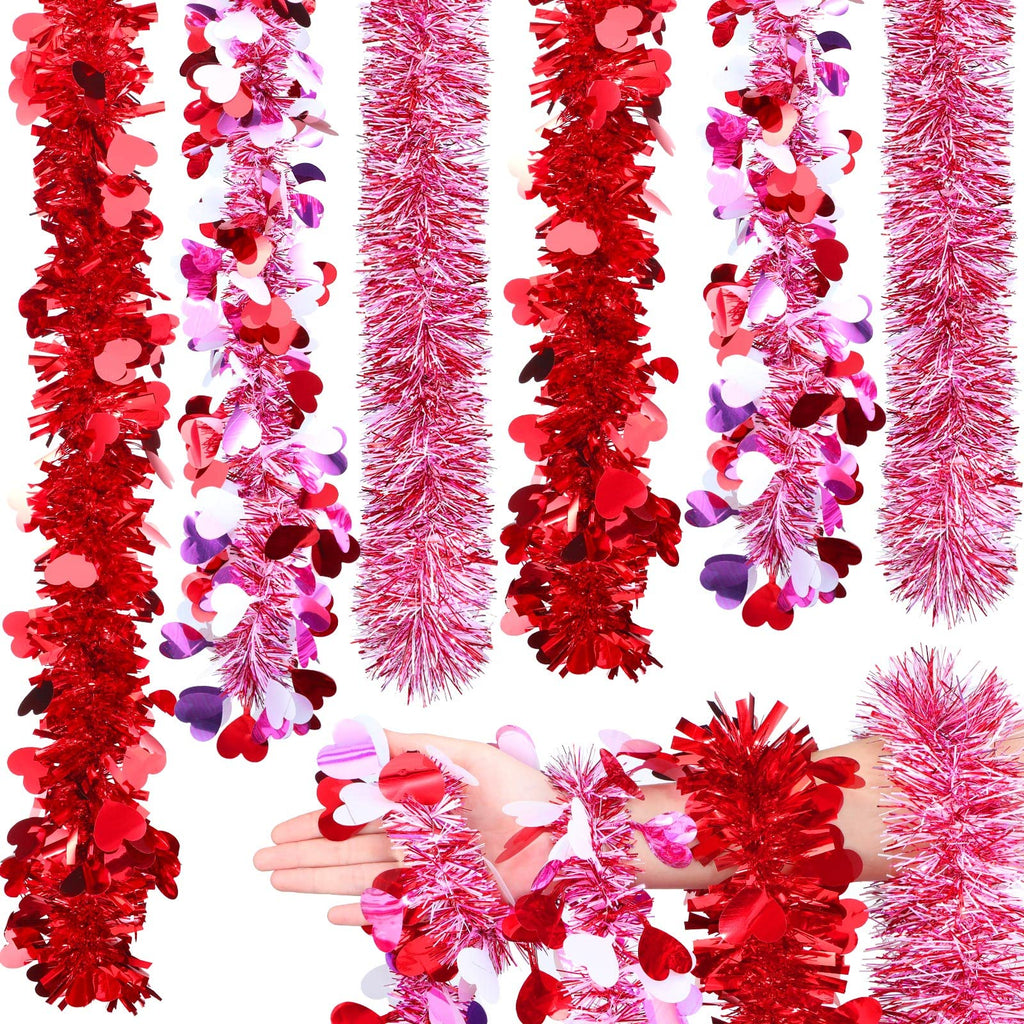 6 Pcs Valentine's Day Tinsel Garland Total 39Ft Red Heart Metallic Garland Decor Red and White Tinsel Garland Twist Garland Valentines Heart Tinsel Garland for Mantle Wedding Party Decoration Supply