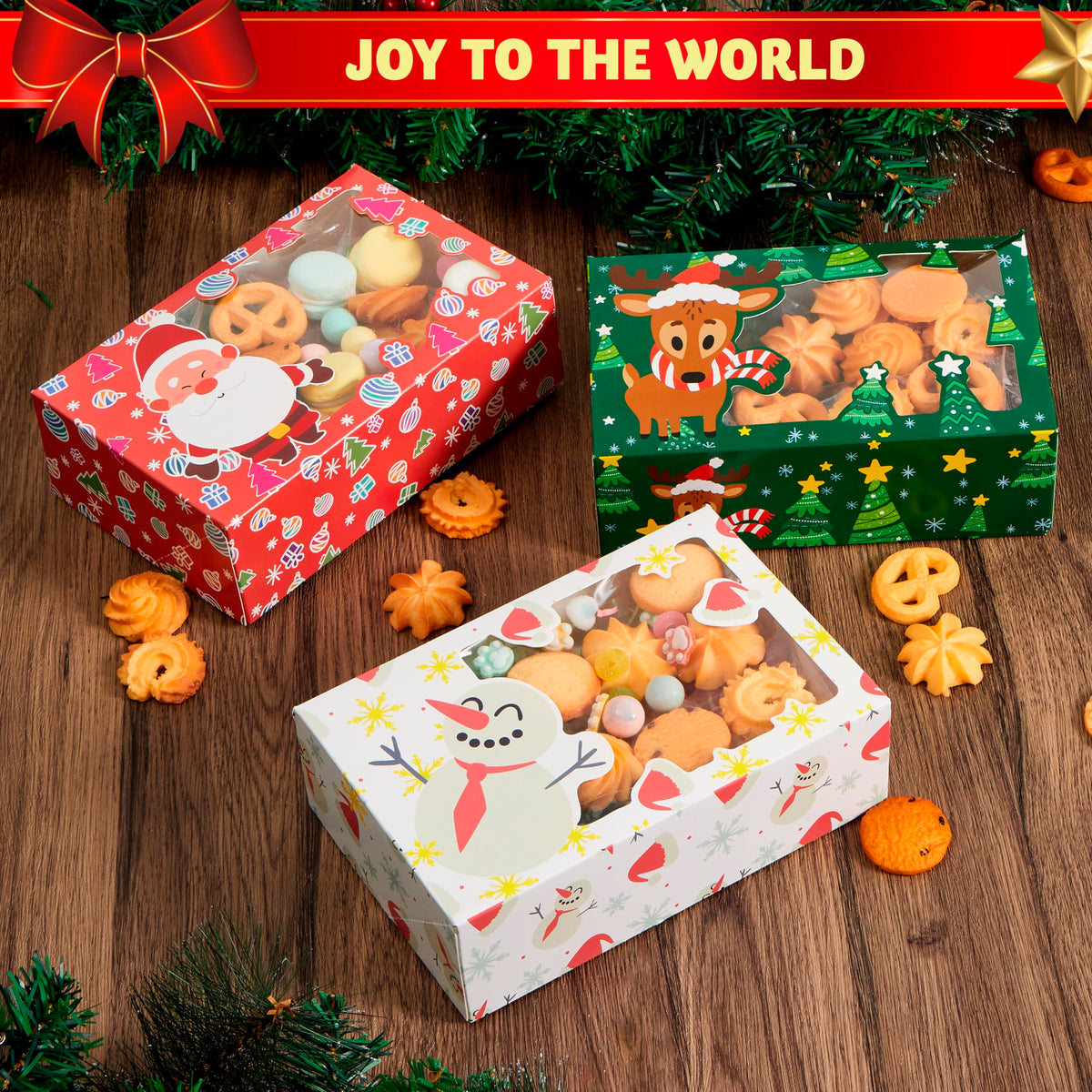 24 PCS Christmas Foil Treats Cookie Gift Boxes (8.75" x 5.75" x 2.75") Colorful Pattern Bakery Box with Window for Xmas Holiday Birthday Party Pastries, Cupcakes, Brownies, Donuts Gift-Giving