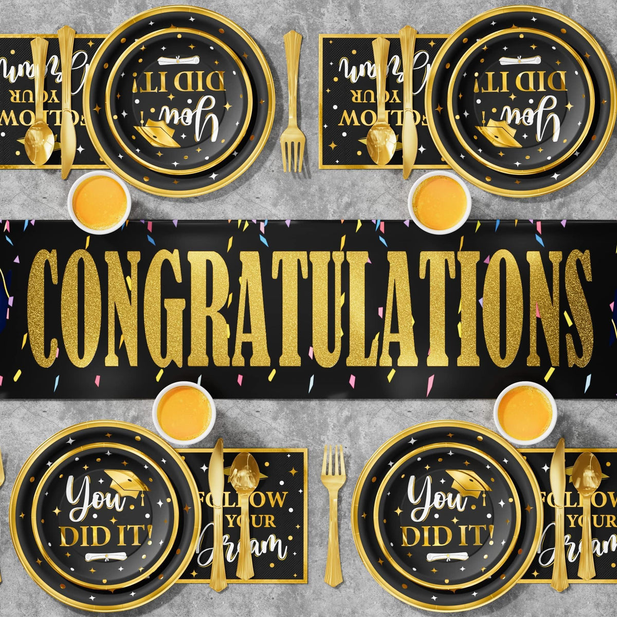 Ecomore Graduation Decoration Class of 2026, 350PCS Graduation Party Supplies Disposable Dinnerware(Serve 50) with Paper Plates Cup Napkin Fork Knife Spoon College High School Grad Decor(Black & Gold)