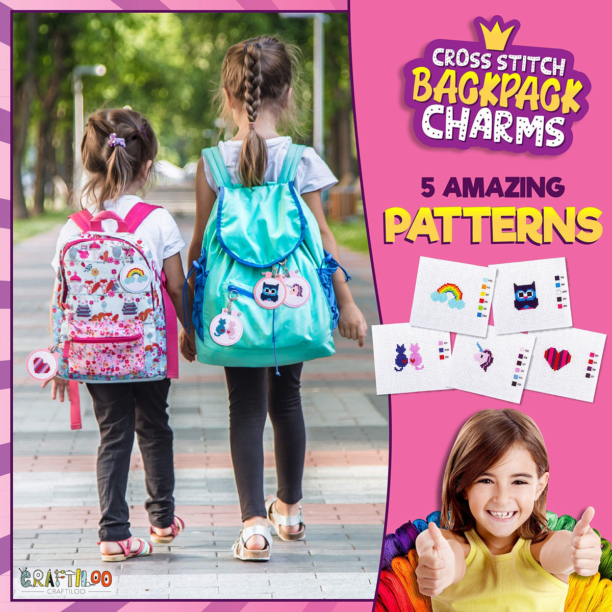 Cross Stitch Kits for Beginners. 5 Stamped Cross Stitch Kits for Kids.Needlepoint Kits for Beginners. Embroidery Kit for Kids. Crossstitch Kit for Beginners. Girls Cross Stitch kit Backpack Charms