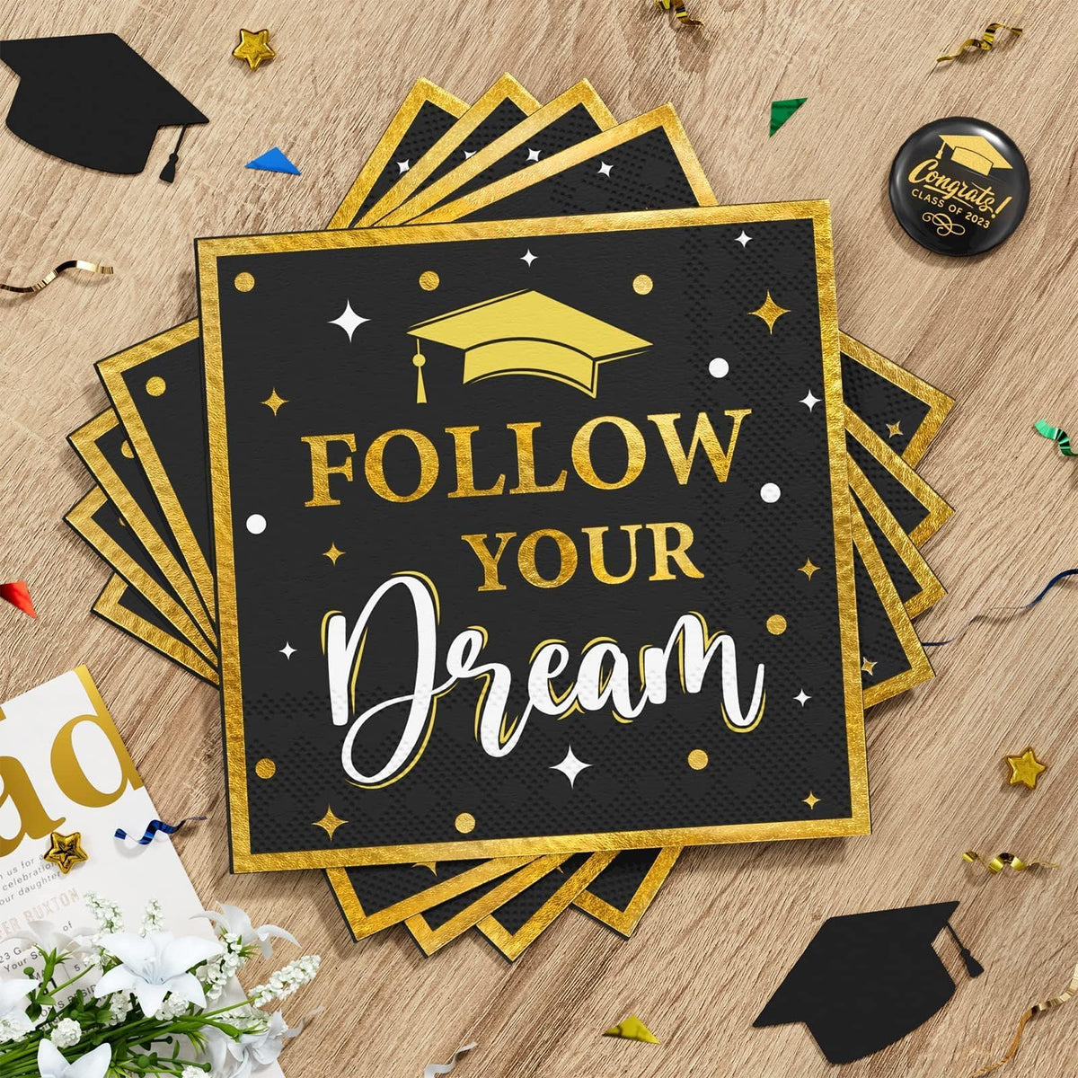 Ecomore Graduation Decoration Class of 2026, 350PCS Graduation Party Supplies Disposable Dinnerware(Serve 50) with Paper Plates Cup Napkin Fork Knife Spoon College High School Grad Decor(Black & Gold)