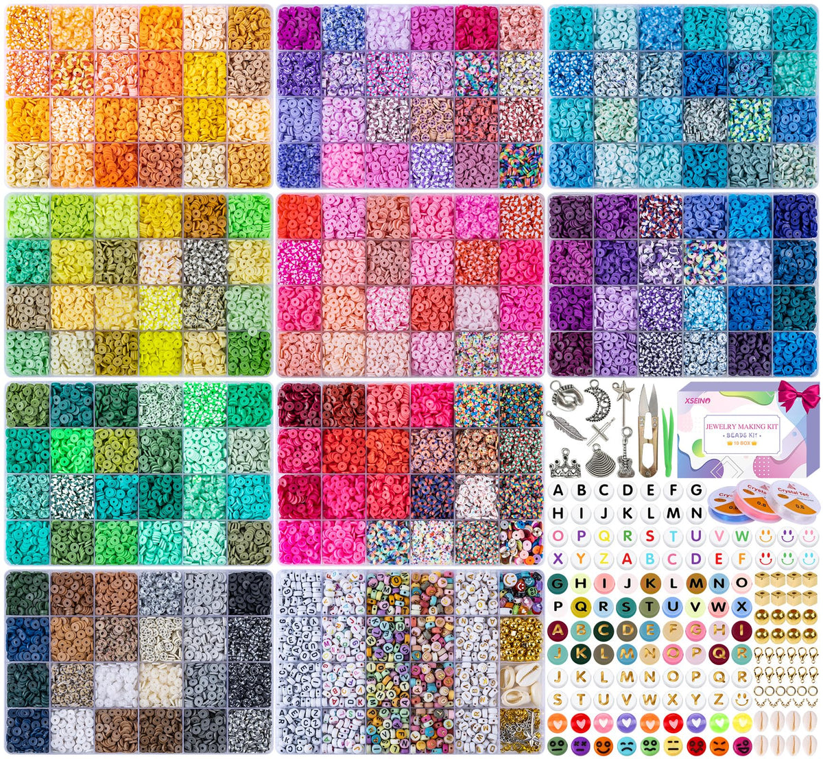 46000Pcs Clay Beads - 216Colors 10Boxes Clay Beads, 5 Styles Letter Beads,with Rich Making Accessories and 3 Rolls Crystal Cord,for Crafts