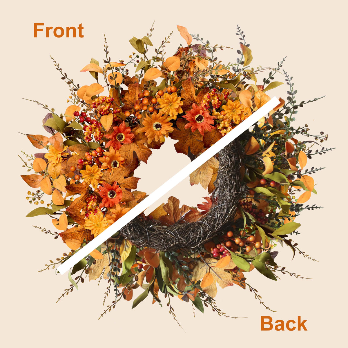 MAINGKAUNG Artificial Fall Wreath 22 Inch Fall Wreaths for Front Door with Orange Berries Daisies Eucalyptus Leaves Autumn Door Wreaths for Thanksgiving Harvest Festival Wall Porch Farmhouse