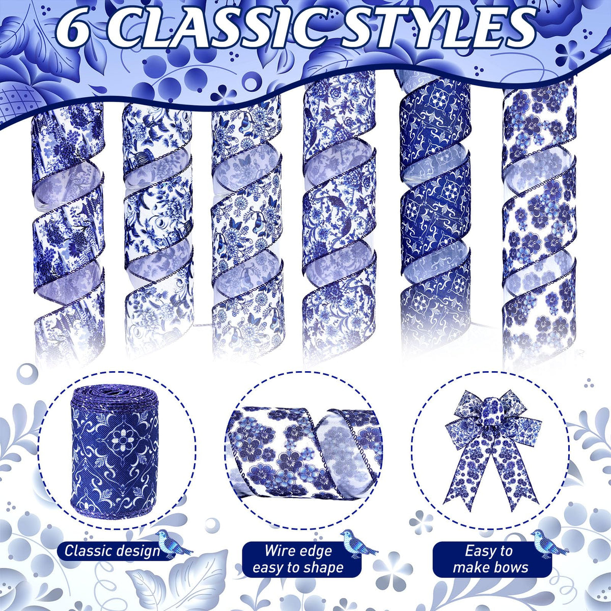 6 Rolls Christmas Chinoiserie Ribbon White and Blue Wired Edge Floral Ribbon Butterfly Flower Pattern Fabric Craft Wreath Bow Wrapping 2.52 Inches by 5 Yards
