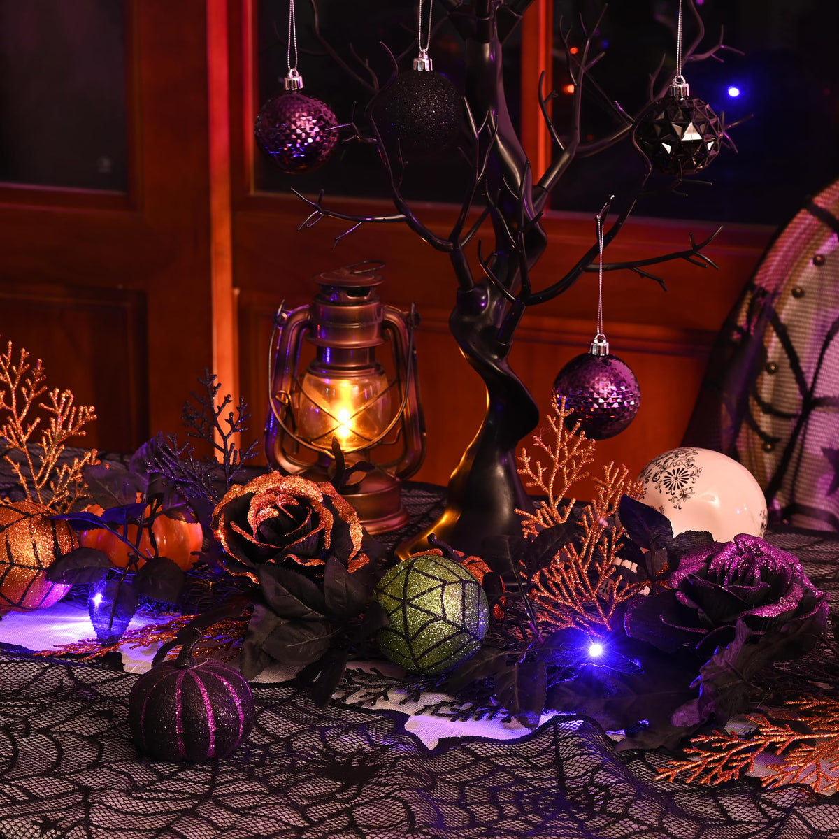 Valery Madelyn Halloween Garland with Lights, 6 Feet Pre-Lit Orange Purple Roses Black Maple Leaves Green Ball Ornaments Garland Decorations for Indoor Table Centerpiece Mantle Party Holiday Decor