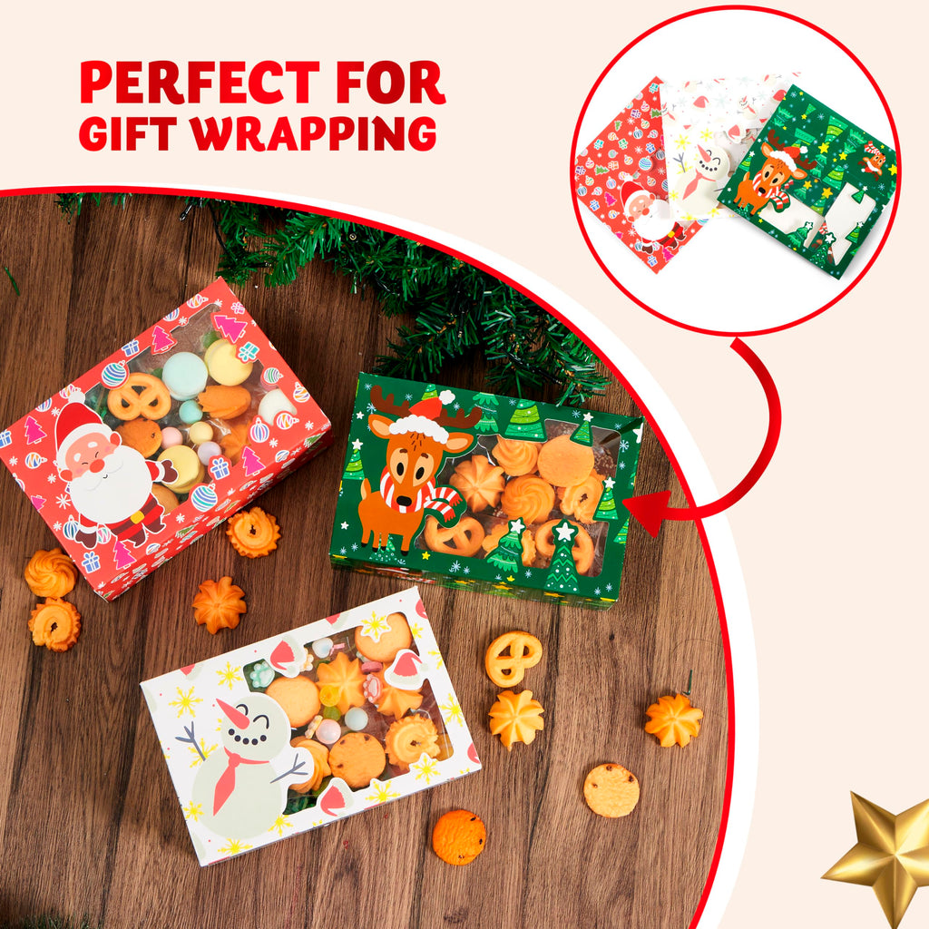 24 PCS Christmas Foil Treats Cookie Gift Boxes (8.75" x 5.75" x 2.75") Colorful Pattern Bakery Box with Window for Xmas Holiday Birthday Party Pastries, Cupcakes, Brownies, Donuts Gift-Giving
