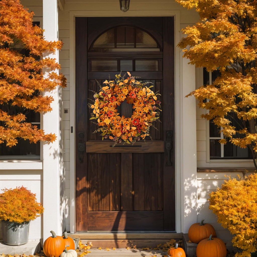 MAINGKAUNG Artificial Fall Wreath 22 Inch Fall Wreaths for Front Door with Orange Berries Daisies Eucalyptus Leaves Autumn Door Wreaths for Thanksgiving Harvest Festival Wall Porch Farmhouse