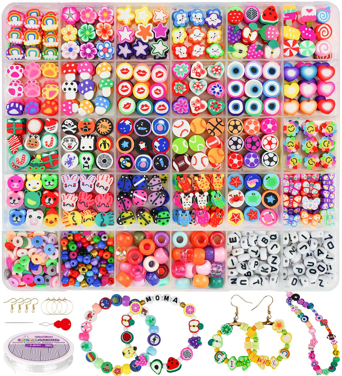 1000PCS Polymer Clay Beads Bracelet Making kit, 24 Style Cute Fun Fruit Flower Rainbow Butterfly Animal Heart Star Beads Charms for Jewelry Necklace Making Gift for Girls Kids
