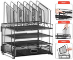 Marbrasse Desk Organizer with Drawer, 4-Tier Mesh Desk File Organizer with 5 Vertical File Holders and 2 Pen Holders, Multifunction Desktop Organizer
