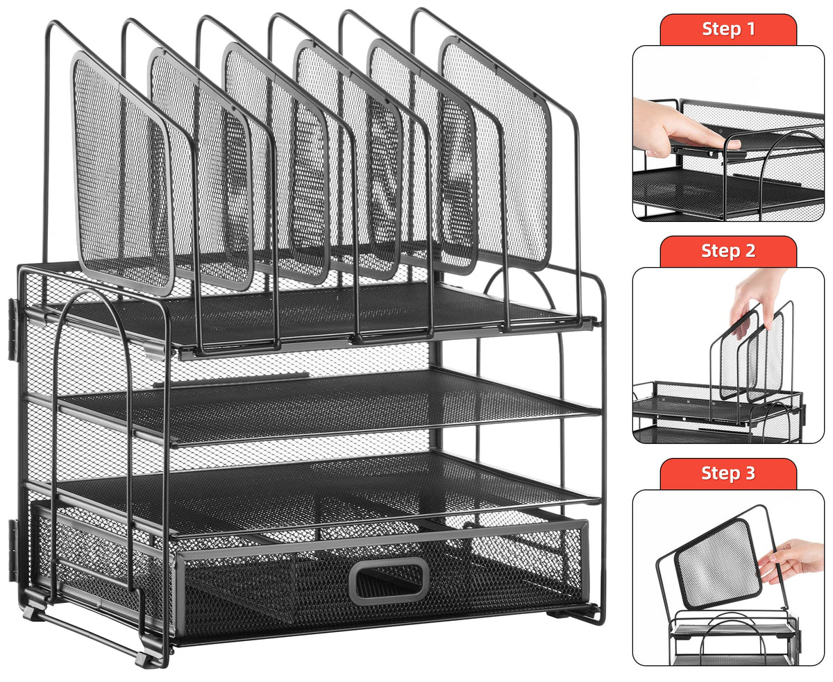 Marbrasse Desk Organizer with Drawer, 4-Tier Mesh Desk File Organizer with 5 Vertical File Holders and 2 Pen Holders, Multifunction Desktop Organizer