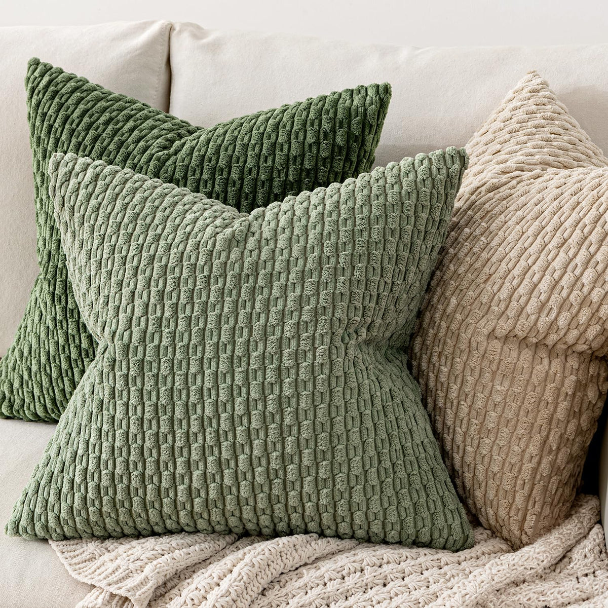 Throw Pillow Covers Soft Corduroy Decorative Set of 2 Boho Striped Pillow Covers Pillowcases Farmhouse Home Decor for Couch Bed Sofa Living Room Spring 18x18 Inch Sage Green