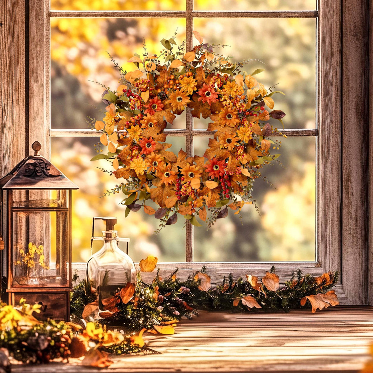 MAINGKAUNG Artificial Fall Wreath 22 Inch Fall Wreaths for Front Door with Orange Berries Daisies Eucalyptus Leaves Autumn Door Wreaths for Thanksgiving Harvest Festival Wall Porch Farmhouse