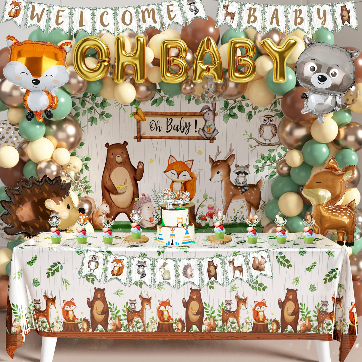 BORAMDO Woodland Animals Baby Shower Decoration Pack Forest Animal Neutral Gender Reveal Party Supplies Woodland Themed Birthday Party Ideas Set 106 Pcs Backdrop, Tablecloth, Cake Toppers, Balloons