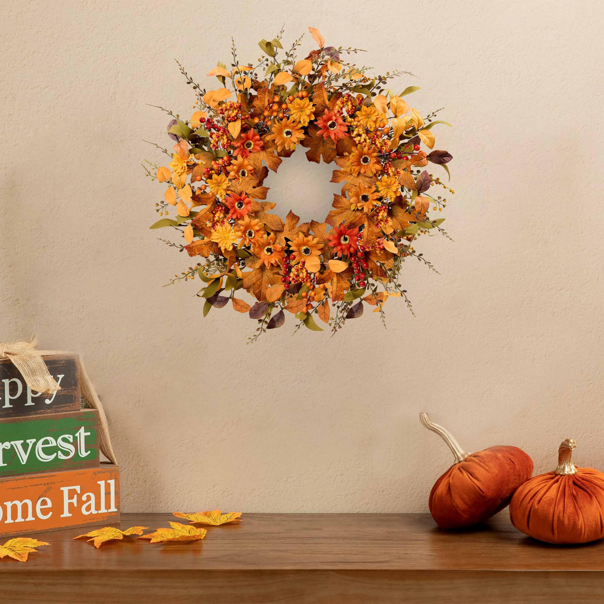 MAINGKAUNG Artificial Fall Wreath 22 Inch Fall Wreaths for Front Door with Orange Berries Daisies Eucalyptus Leaves Autumn Door Wreaths for Thanksgiving Harvest Festival Wall Porch Farmhouse